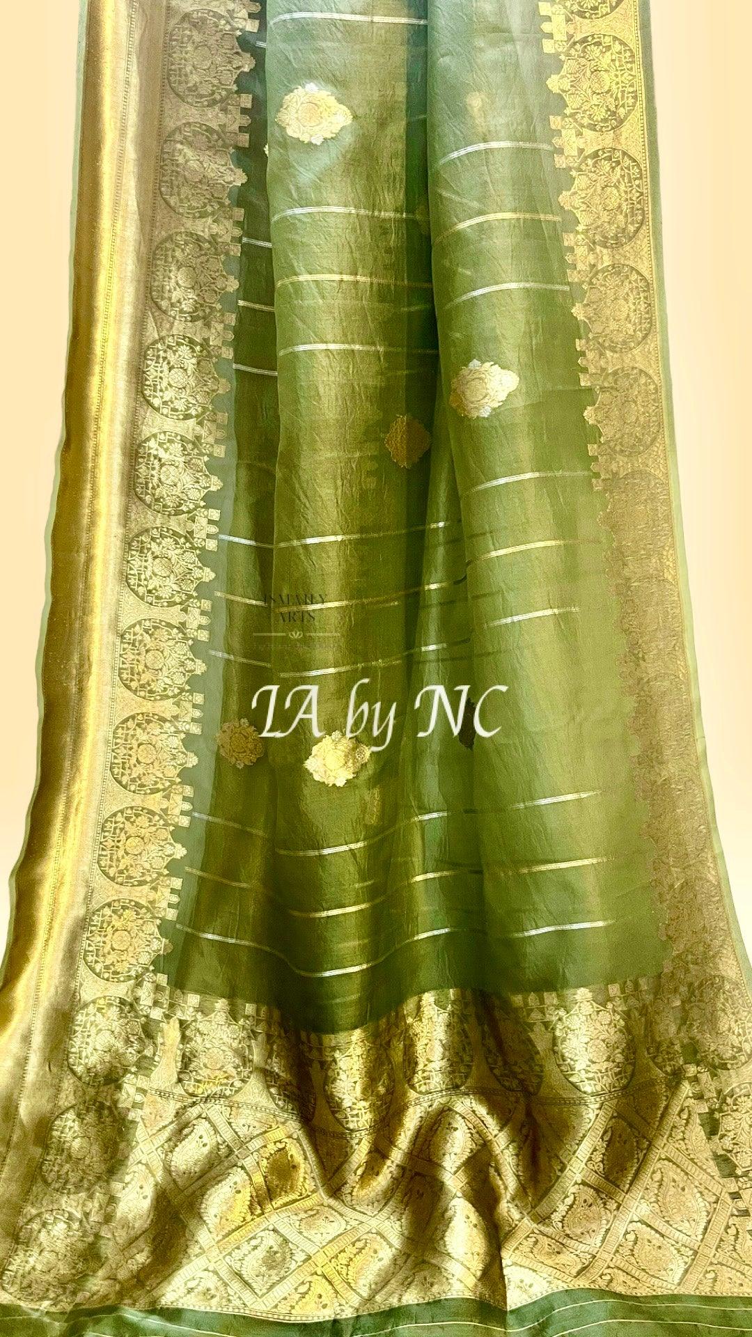 Olive Banarasi Pure Kora Organza Kadwa Saree