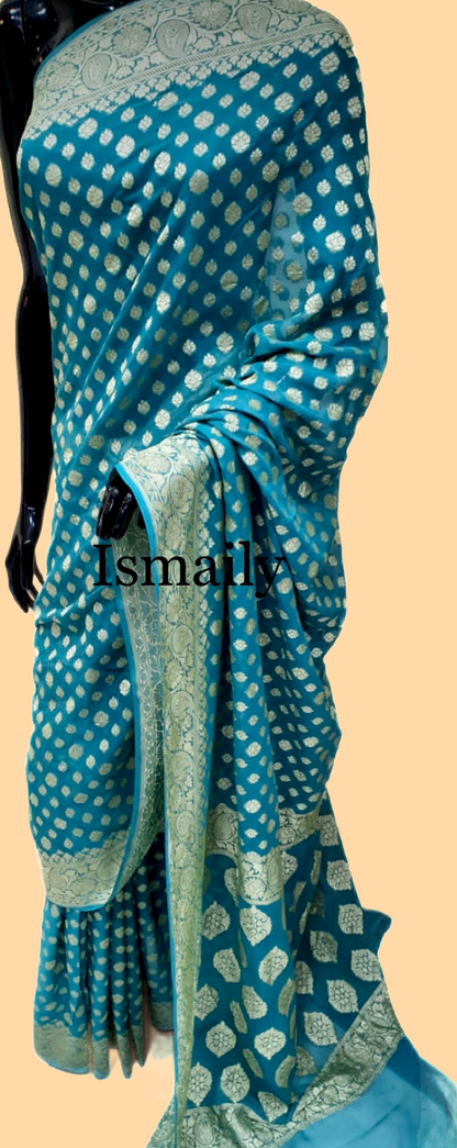 Teal Banarasi Pure Khaddi Georgette Saree