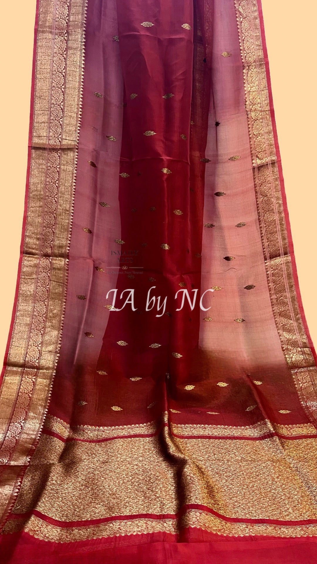 Carmine Banarasi Pure Kora Organza Kadwa Saree