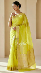 Lemon Banarasi Pure Kora Organza Kadwa Saree