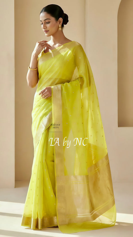 Lemon Banarasi Pure Kora Organza Kadwa Saree
