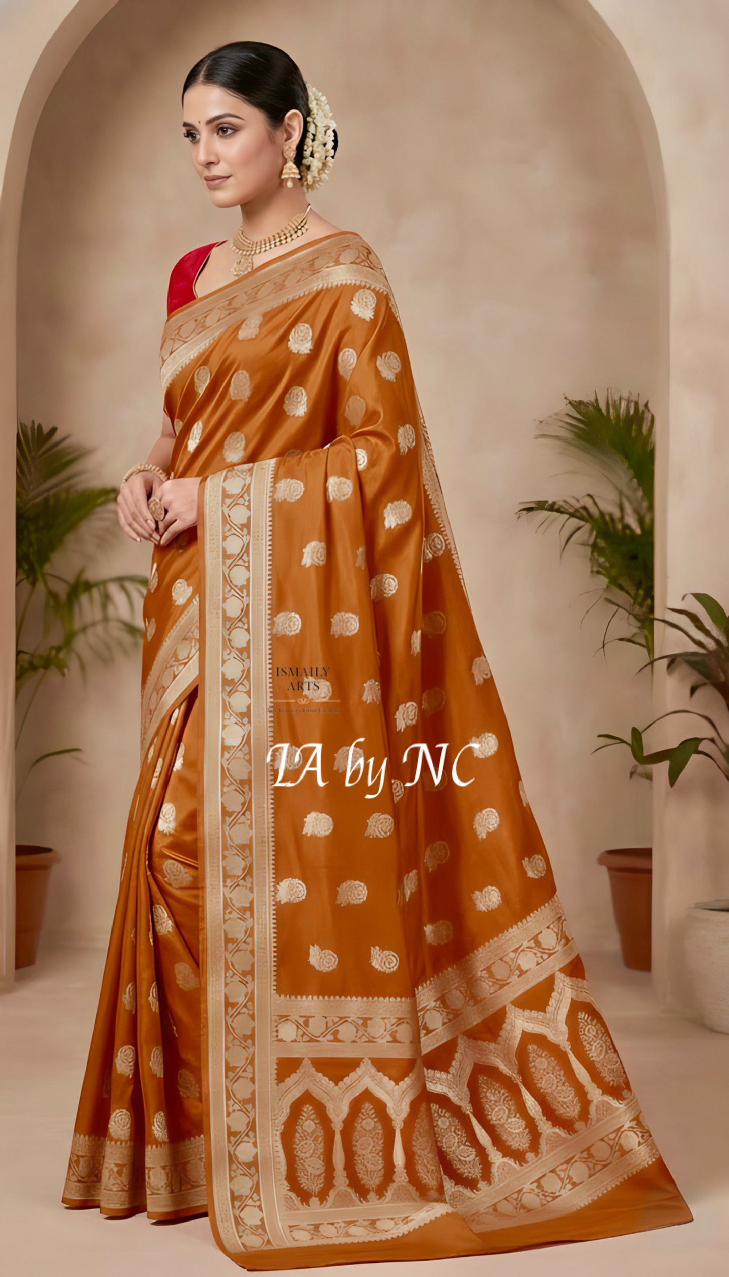 Ochre Banarasi Mashru Katan Silk Saree