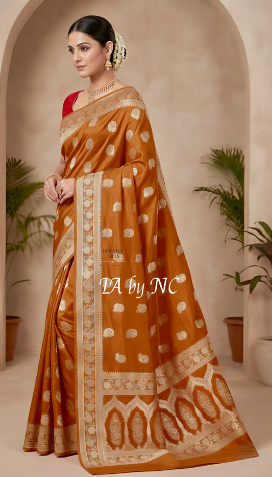 Ochre Banarasi Mashru Katan Silk Saree