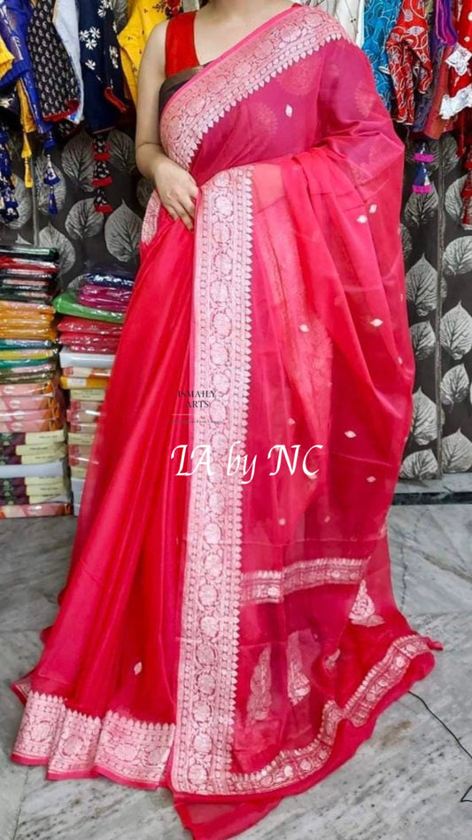 Raspberry Banarasi Pure Khaddi Georgette Kadwa Saree