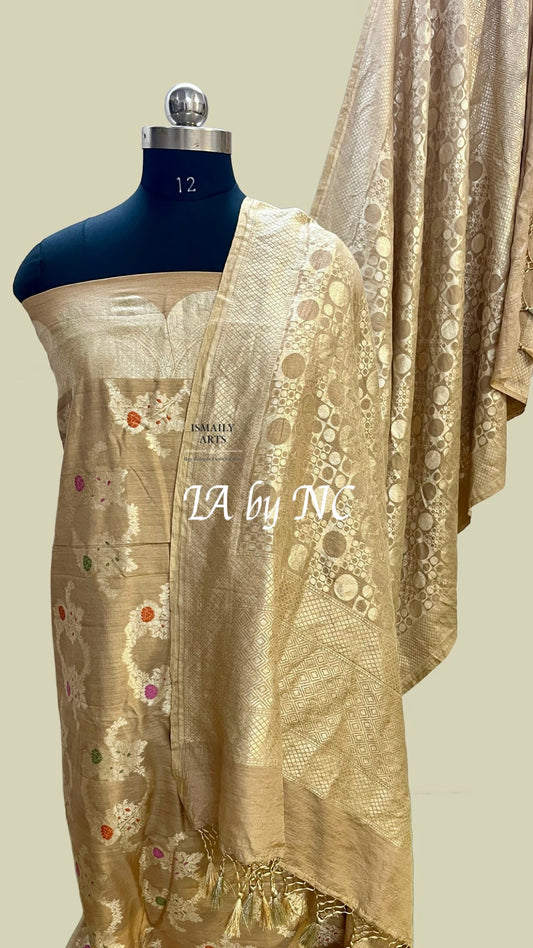 Beige Banarasi Pure Munga Silk Dress materials
