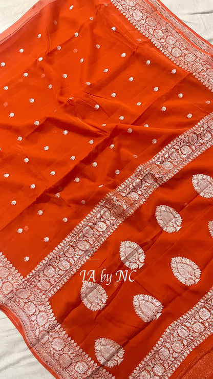 Scarlet Banarasi Pure Khaddi Georgette Kadwa Saree