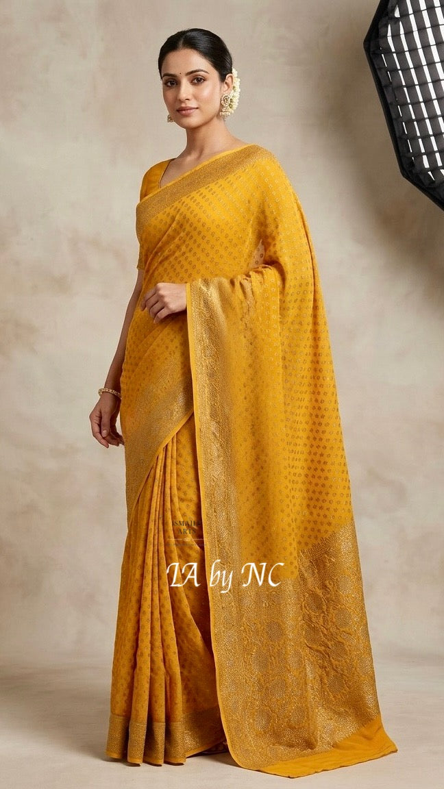 Goldenrod Banarasi Pure Khaddi Georgette Saree