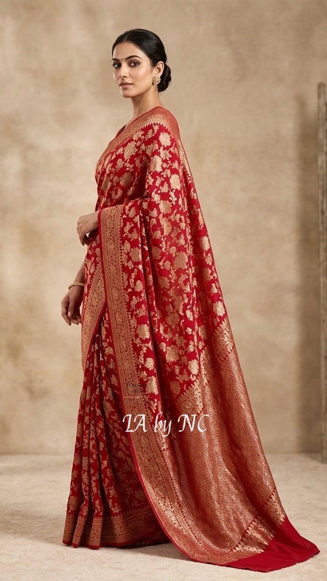 Carmine Banarasi Pure Khaddi Georgette Saree
