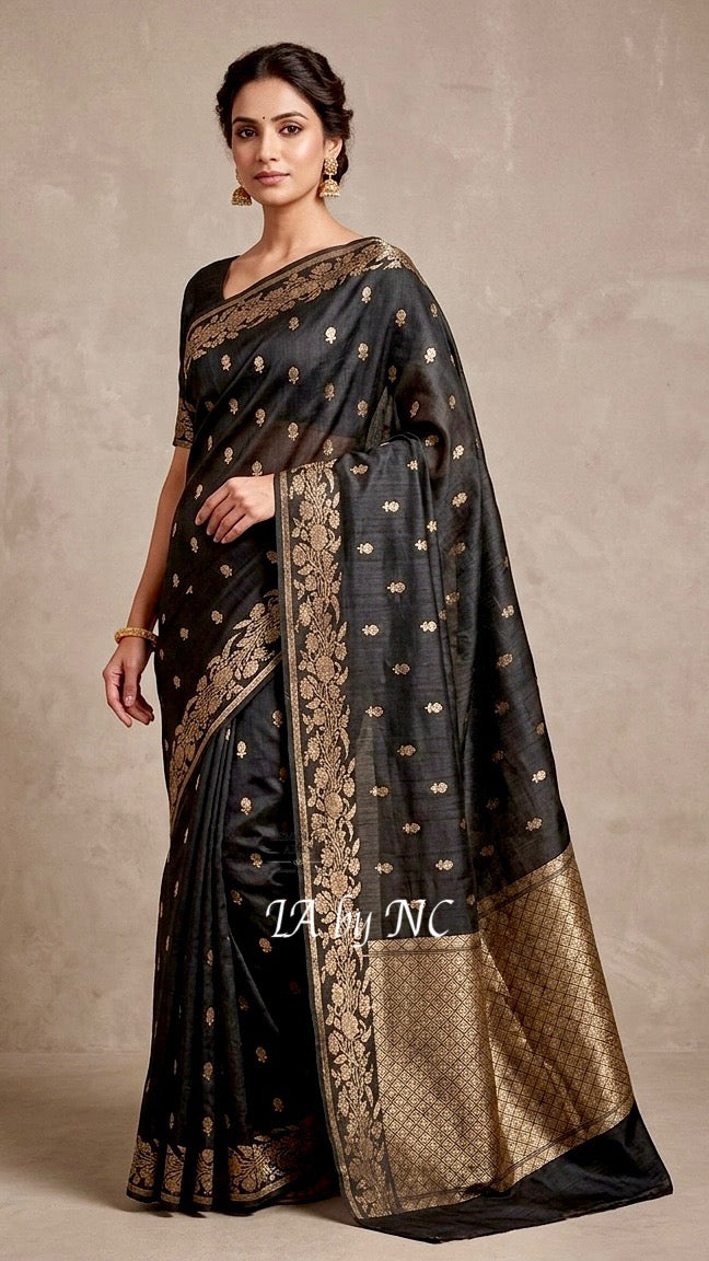 Black Banarasi Pure Khaddi Tussar Kadwa Saree