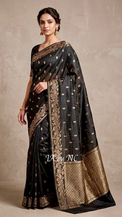 Black Banarasi Pure Khaddi Tussar Kadwa Saree