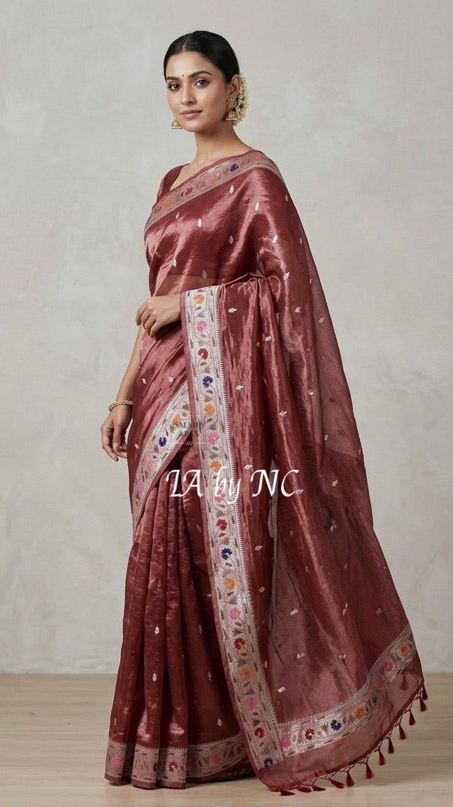 Burgundy Banarasi Pure Tissue Silk Designer Saree