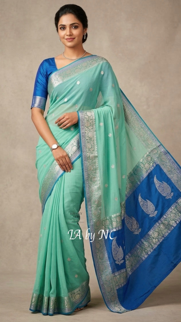 Turquoise Banarasi Pure Khaddi Georgette Kadwa Saree