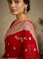 Crimson Banarasi Pure Khaddi Georgette Kadwa Saree