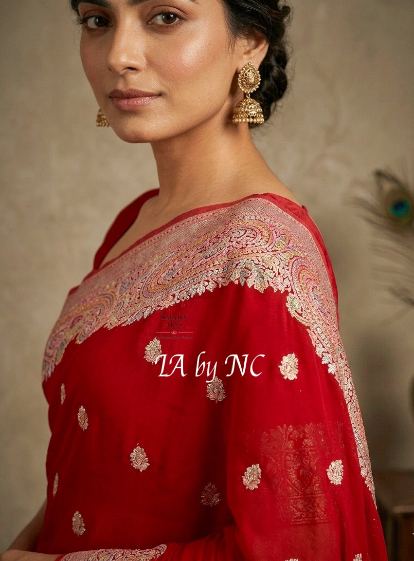 Crimson Banarasi Pure Khaddi Georgette Kadwa Saree