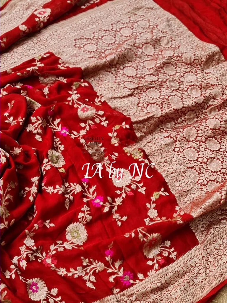 Crimson Banarasi Pure Khaddi Georgette Meenakari Saree