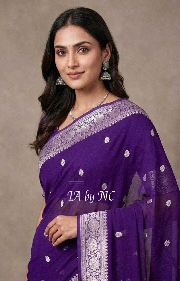 Grape Banarasi Pure Khaddi Georgette Kadwa Saree