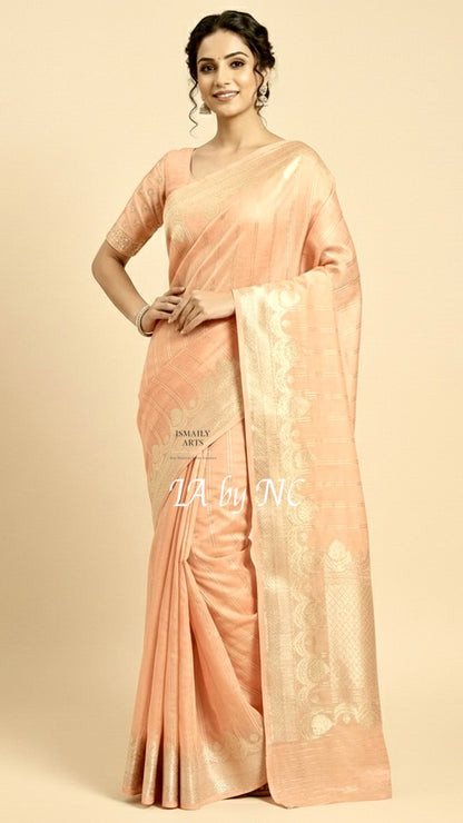 Peach Banarasi Pure Kora Organza Kadwa Saree