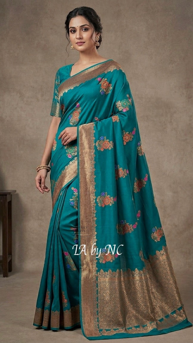Teal Green Banarasi Pure Chiffon Georgette Saree