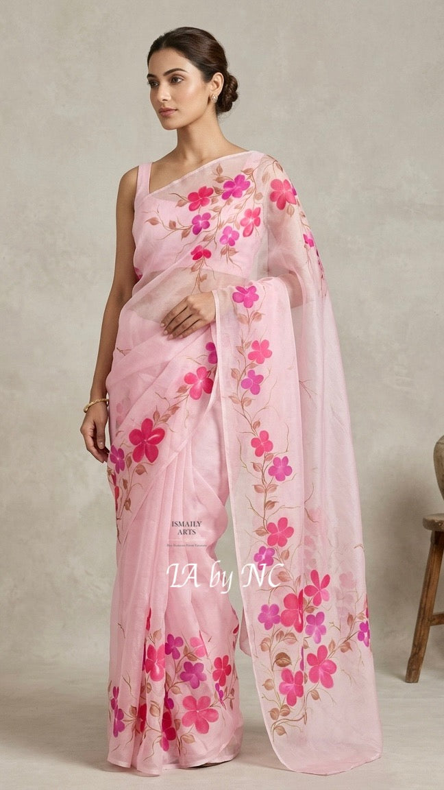 Baby Pink Banarasi Pure Kora Organza Saree