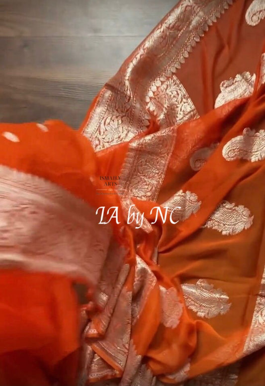 Orange Banarasi Pure Khaddi Georgette Kadwa Saree