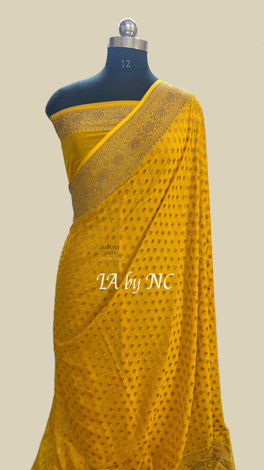 Goldenrod Banarasi Pure Khaddi Georgette Saree