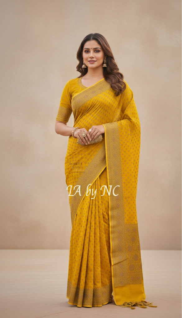 Goldenrod Banarasi Pure Khaddi Georgette Saree