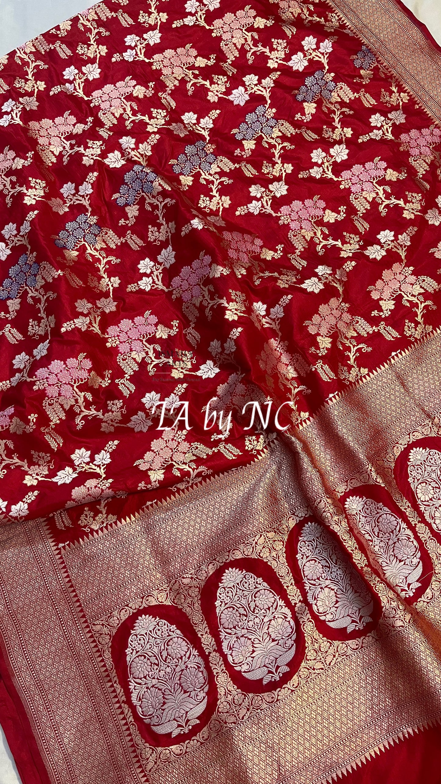 Carmine Banarasi Pure Katan Silk Tilfi Meenakari Saree