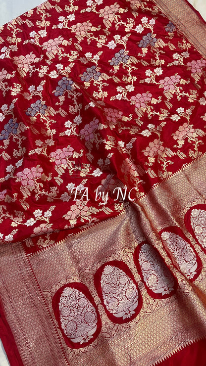 Carmine Banarasi Pure Katan Silk Tilfi Meenakari Saree