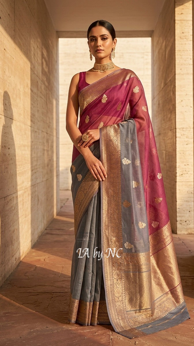 Grey Banarasi Pure Kora Silk Kadwa Saree
