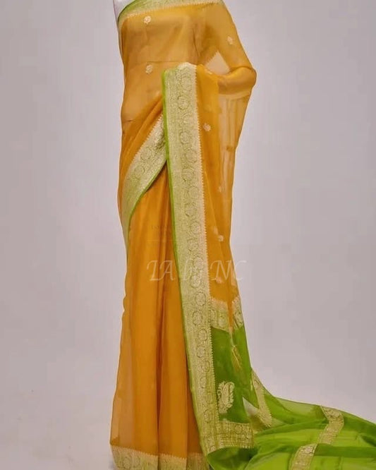 Gold Banarasi Pure Khaddi Georgette Kadwa Saree