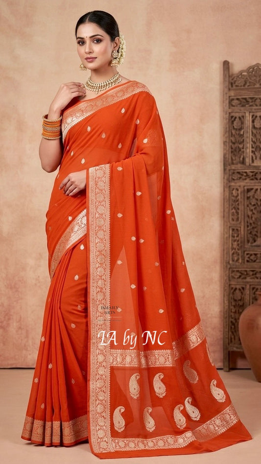 Scarlet Banarasi Pure Khaddi Georgette Kadwa Saree