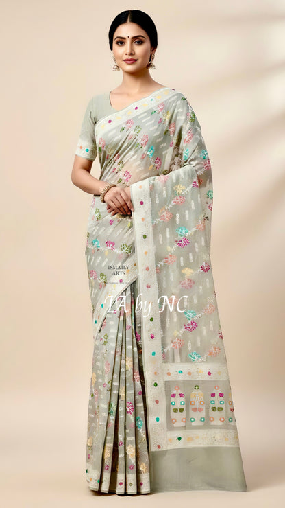 Ash Banarasi Pure Khaddi Tussar Georgette Meenakari Saree