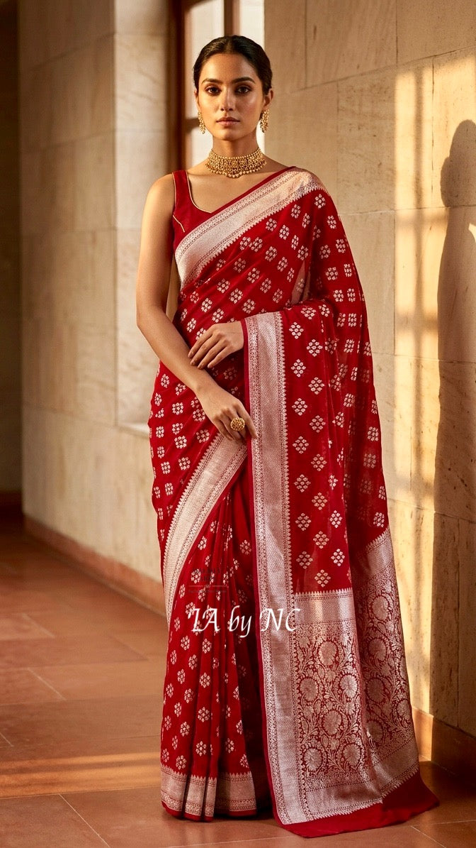 Carmine Banarasi Pure Khaddi Georgette Saree