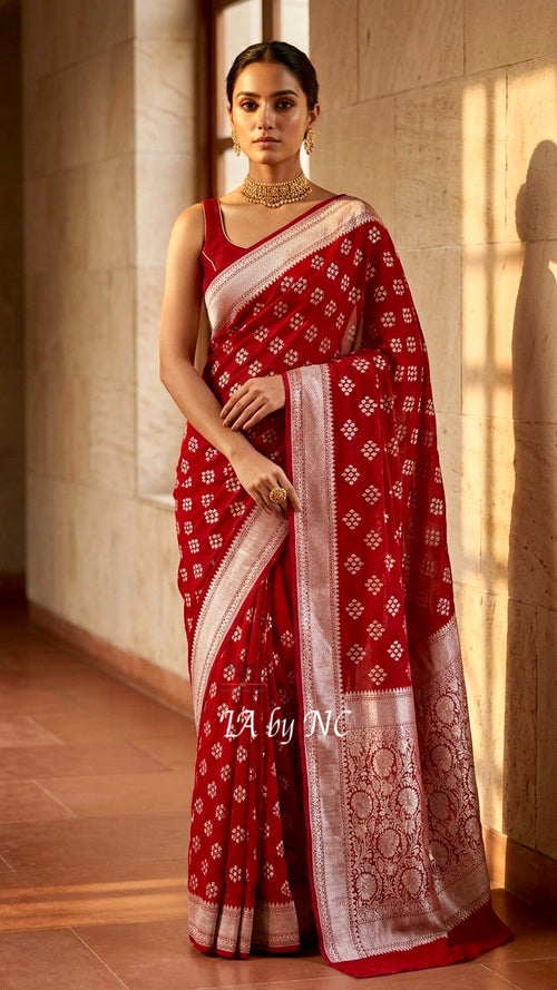 Carmine Banarasi Pure Khaddi Georgette Saree