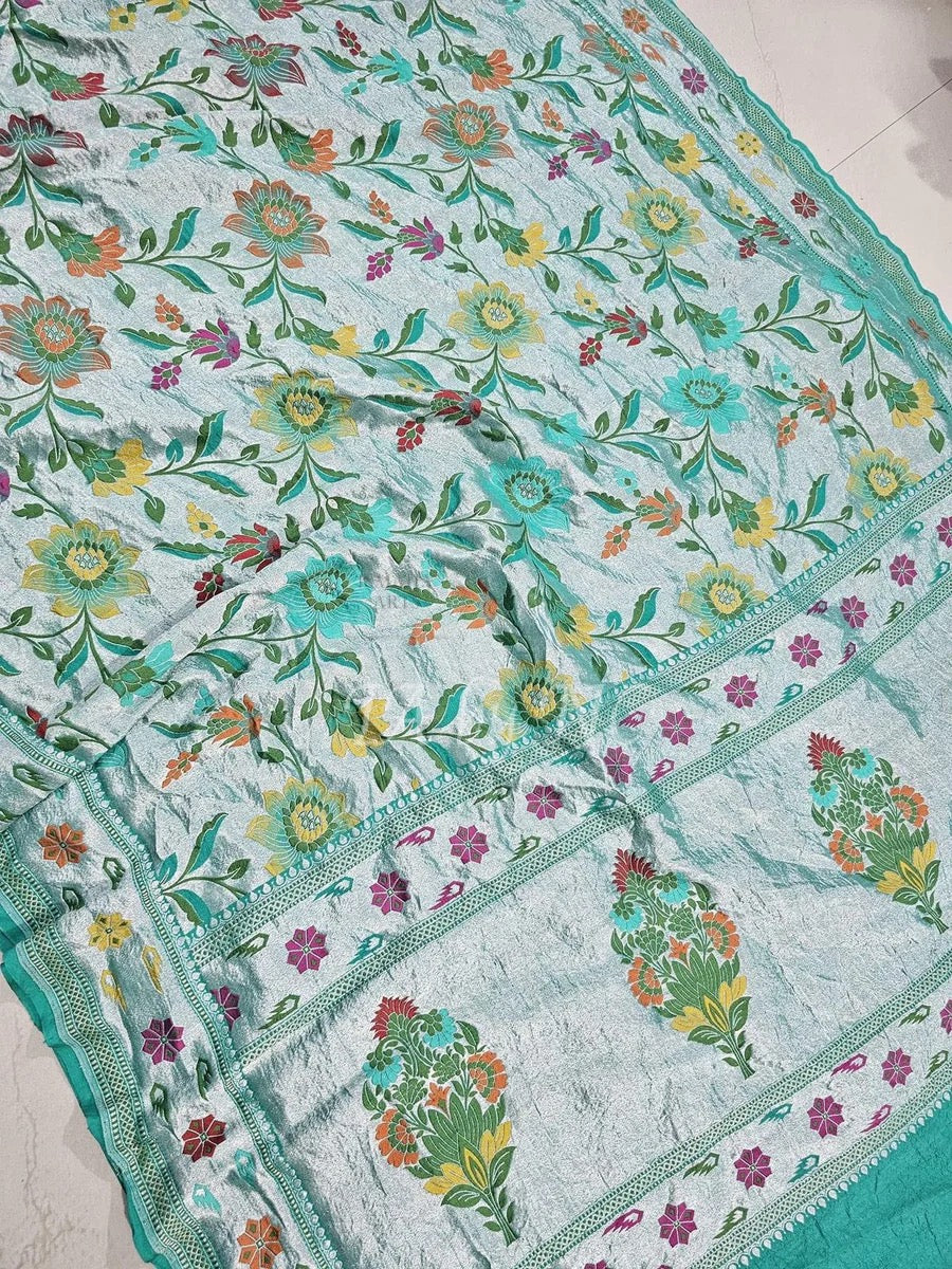 Turquoise Banarasi Pure Khaddi Tussar  Georgette Brocade Saree