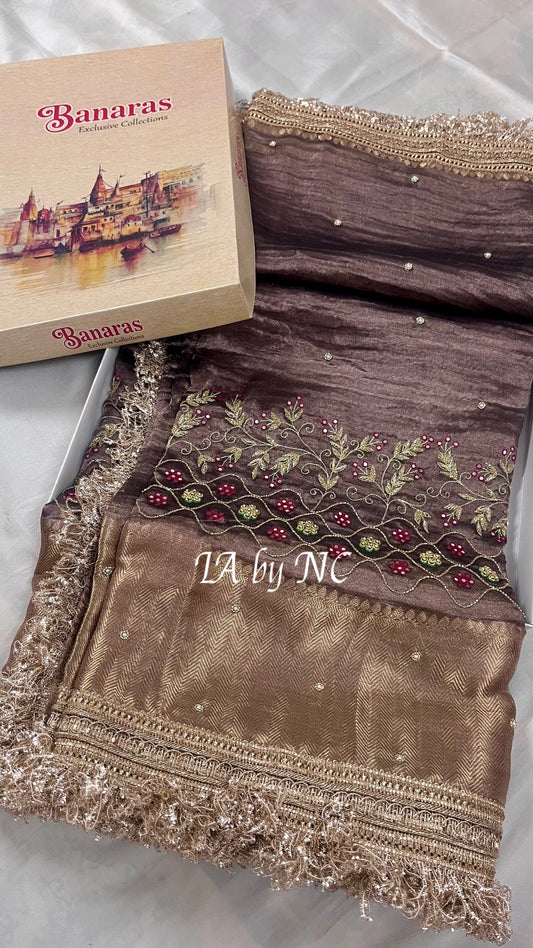 Mahogany Banarasi Pure Tissue Silk Zardosi Saree