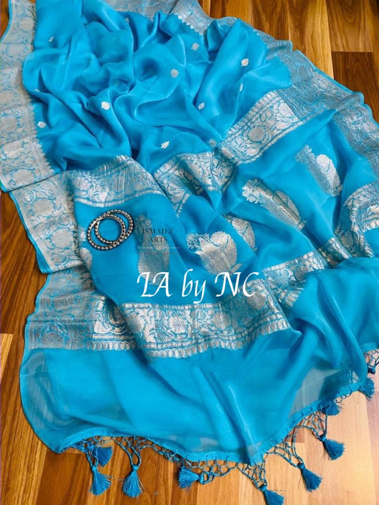Azure Banarasi Pure Khaddi Georgette Kadwa Saree