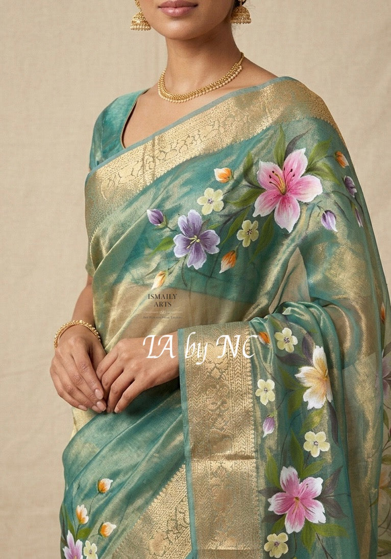 Turquoise Banarasi Pure Tissue Silk Saree
