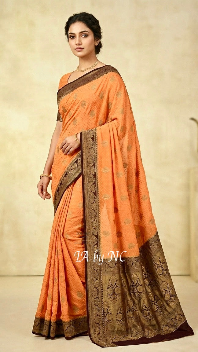 Apricot Banarasi Pure Khaddi Georgette Saree
