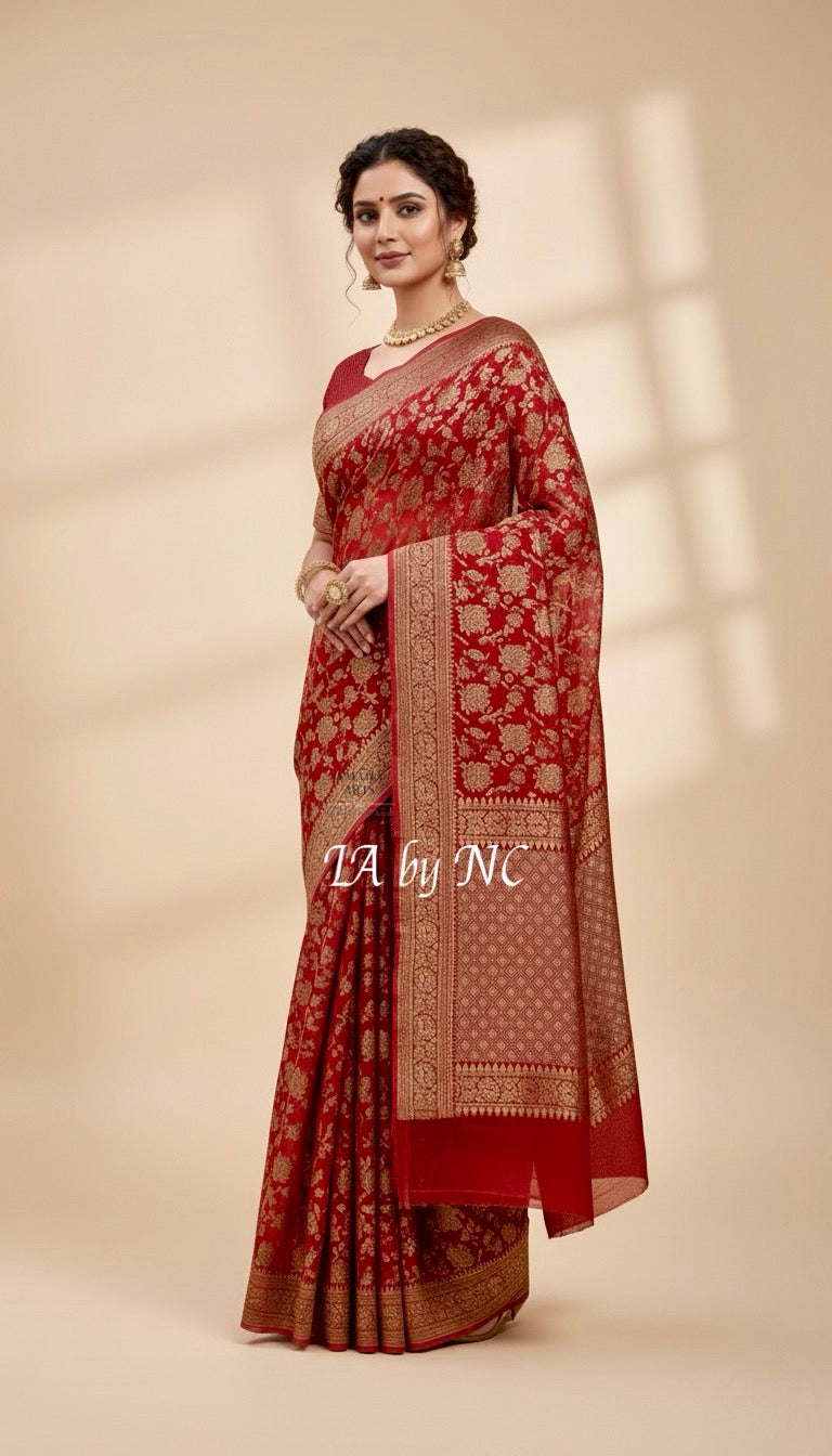 Carmine Banarasi Pure Khaddi Georgette Saree