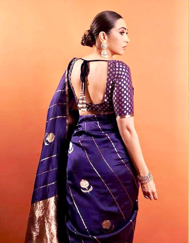 Karishma Kapoor inspired Space Banarasi Pure Katan Silk Raw Mango Kadwa Saree