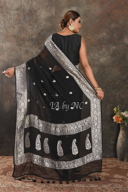 Black Banarasi Pure Khaddi Georgette Kadwa Saree