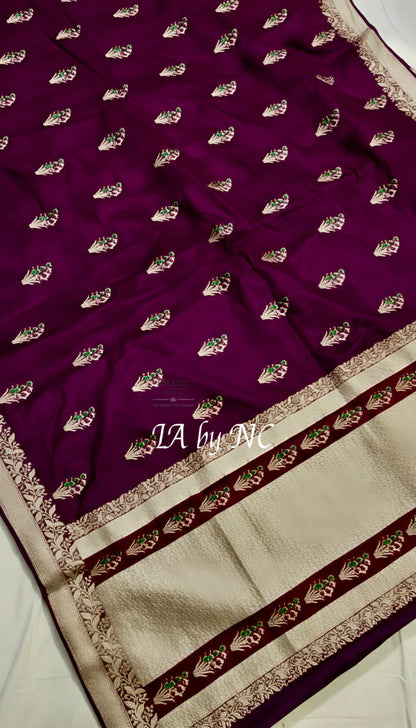 Eggplant Banarasi Mashru Katan Silk Meenakari Saree