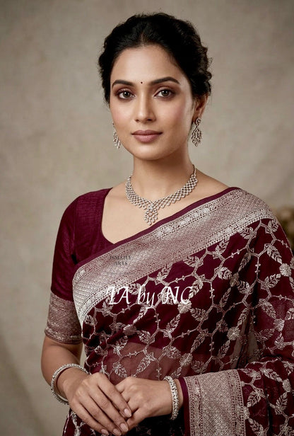 Umber Banarasi Pure Khaddi Georgette Saree