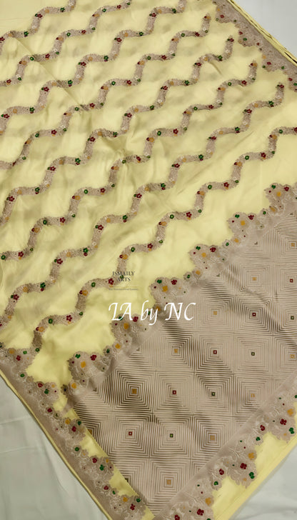 Eggnog Banarasi Mashru Katan Silk Meenakari Saree