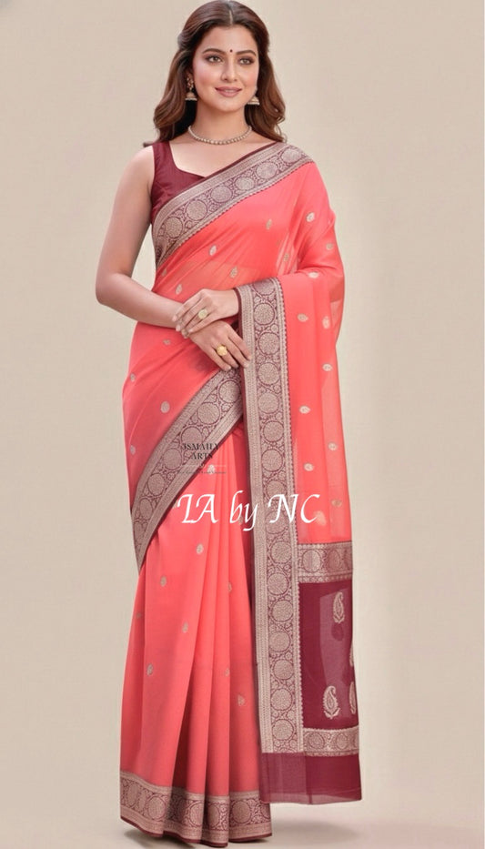 Salmon Banarasi Pure Khaddi Georgette Kadwa Saree