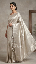 Ivory Banarasi Pure Tissue Silk Brocade Saree