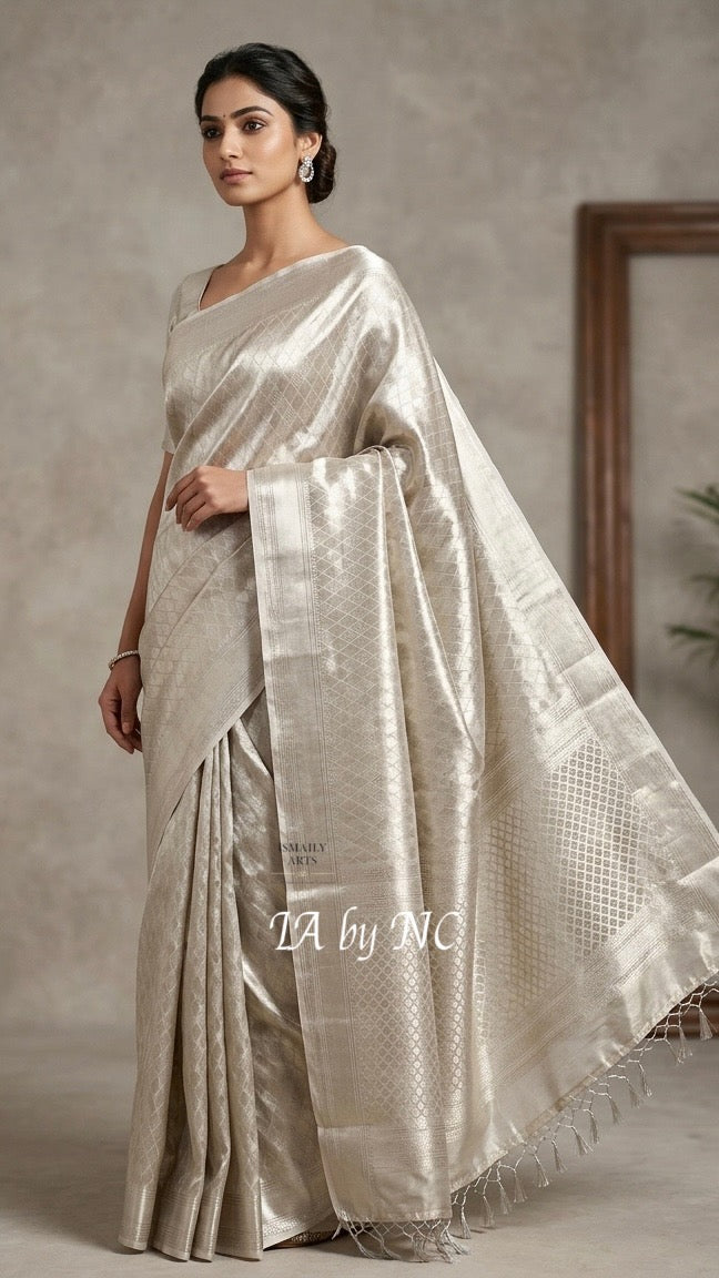 Ivory Banarasi Pure Tissue Silk Brocade Saree