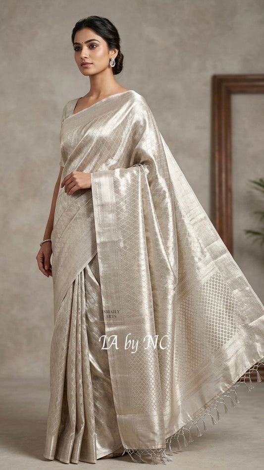 Ivory Banarasi Pure Tissue Silk Brocade Saree
