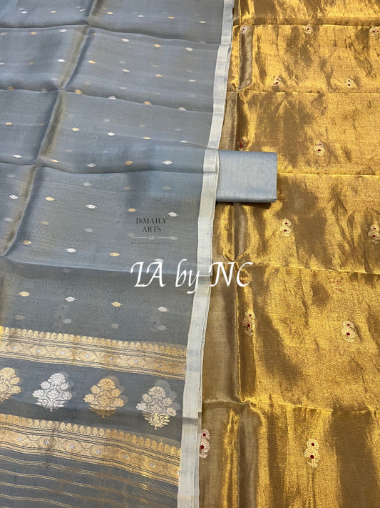 Grey Banarasi Pure Organza Tissue Kadwa Dress Materials
